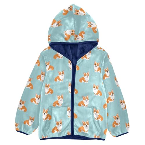 Cute Corgi Toddler Fleece Jacket Baby Boys Hooded Zipper Long Sleeve Thick Warm Outerwear 3-10 Years