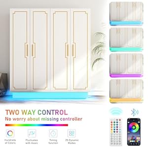 70in LED 4 Doors Armoires Wardrobe ClosetCabinet with Metal Hanging RodBedroom White Tall Armoires with RGB LED 60000 color Lights for Bedroom Office Clothes Organizer