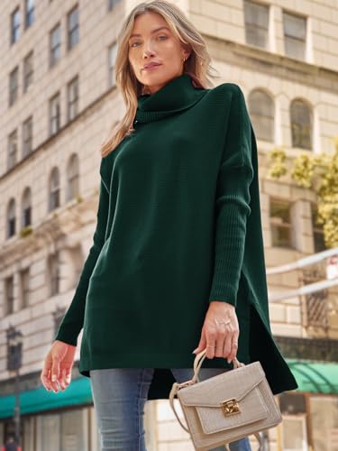 Image of LILLUSORY Women's Turtleneck Oversized Sweaters Long Batwing Sleeve Spilt Hem Tunic Pullover Knit Tops