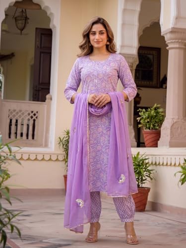 Image of ANNI Designer Rayon Viscose Printed Straight Kurta with Pant and Dupatta for Women | Rayon Viscose Purple | 3 /4 Sleeve | Round Neck | Ethnic Wear Casual Wear