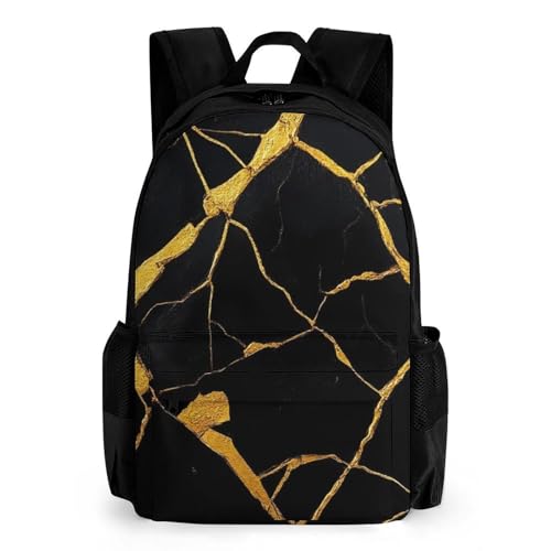 Unisex Gold Black Marble Texture Backpack, Elegant Large Capacity Backpack with Water Bottle Pocket, Adjustable Travel Shoulder Bag for Women Men