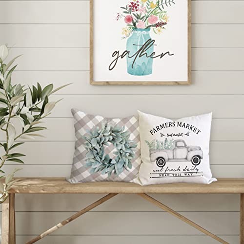 Faromily Farmhouse Eucalyptus Pillow Covers Yugalier Leaf Wreath Bicycle Vase Buffalo Plaid Throw Pillow Cases 18X18 Watercolor Spring Summer Home Decorative Cushion Covers Set Of 4 (Br-V) #TOP3