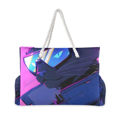 Cat Cool Beach Tote Bag - Waterproof Travel Bag with PVC Compartment, Oversized Pool Tote for Vacation Essentials, Vintage Nylon Beach Accessory for Multipurpose Storage2