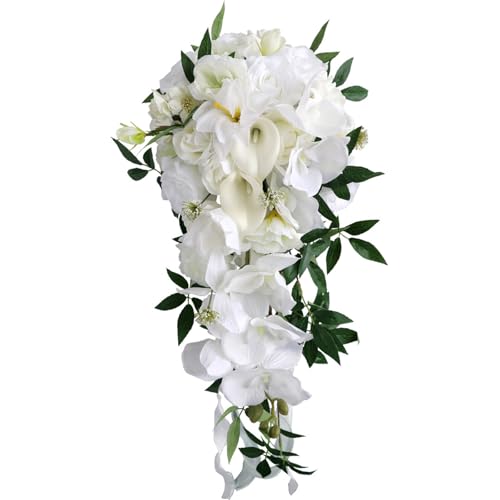 Fouriding Bouquets de mariage en forme de goutte d'eau pour mariée, bouquets de cascade artificielles pour cérémonie, anniversaire, fête prénuptiale, fleurs de mariage (blanc)