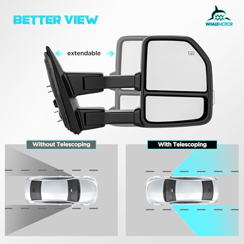 Image of WHALEMOTOR Smoked Power Heated Tow Mirrors Compatible with 2015-2020 Ford F150 F-150, Extended Trailer Towing Side Mirrors w /Sequential Turn Signal & Ambient Temp Sensor(for 2019+)