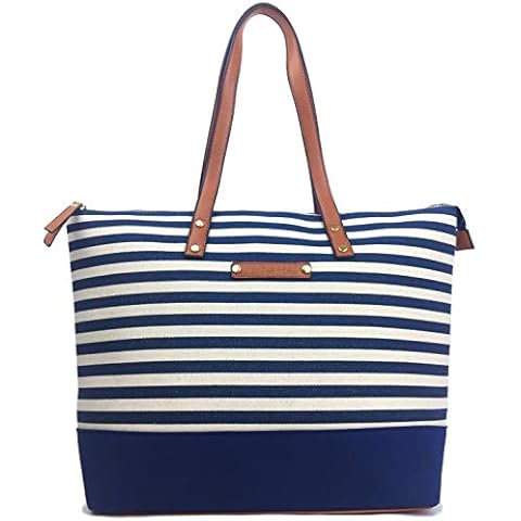 Savvy Street Canvas Bag Beach Bag with zips Designer tote Bag BEACH Large shoulder bag shopper summer bag with faux leather handles. (NAVY/NATURAL) Cover