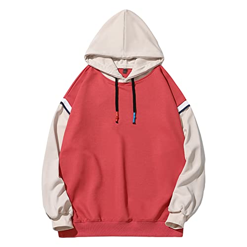 Maiyifu-GJ Men's Color Block Casual Hoodie Pullover Hip Hop Patchwork Hooded Sweatshirt Casual Long Sleeve Hoodies Outwear (Rose Red,XX-Large)