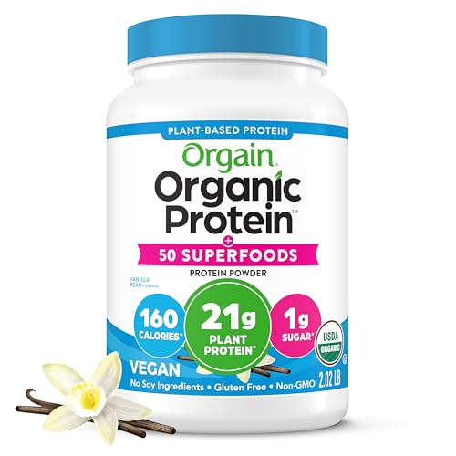 Image of Orgain Organic Vegan Protein + 50 Superfoods Powder, Vanilla Bean - 21g Plant Based Protein, 8g Prebiotic Fiber, No Lactose Ingredients, Gluten Free, No Added Sugar, Non-GMO, 2.02 lb
