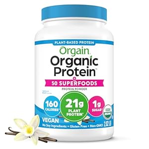 Orgain Organic Vegan Protein + 50 Superfoods Powder, Vanilla Bean – 21g Plant Based Protein, 8g Prebiotic Fiber, No Lactose Ingredients, Gluten Free, No Added Sugar, Non-GMO, 2.02 lb