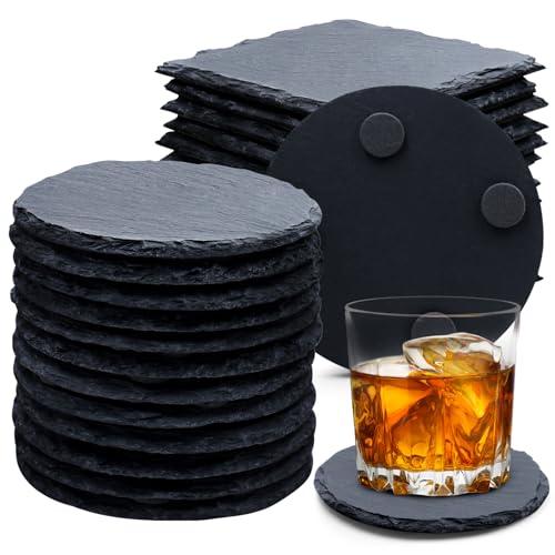 24 PCS Slate Drink Coasters, Cymuber 4 Inch Black Coasters Stone Cup Coaster Bulk Set, Laser...