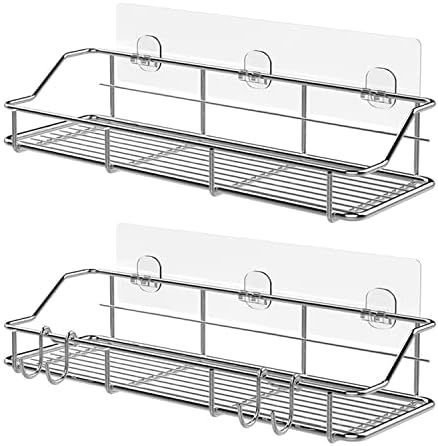 KESOL Adhesive Shower Caddy Shower Shelf Shower Organizer for Bathroom Organization with Hooks, SUS304 Stainless Steel, 2 Pack (Silver)