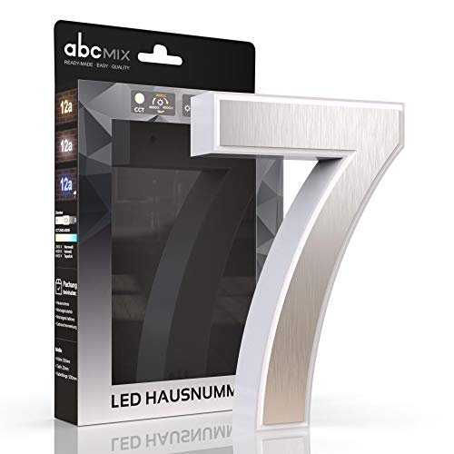 abcMIX LED Hausnummer, personalisierbare beleuchtete Hausnummer, Hausnummernleuchte mit LED - Hausnummer 7, Farbe EDELSTAHL, Lichtfarbeneinstellung,...