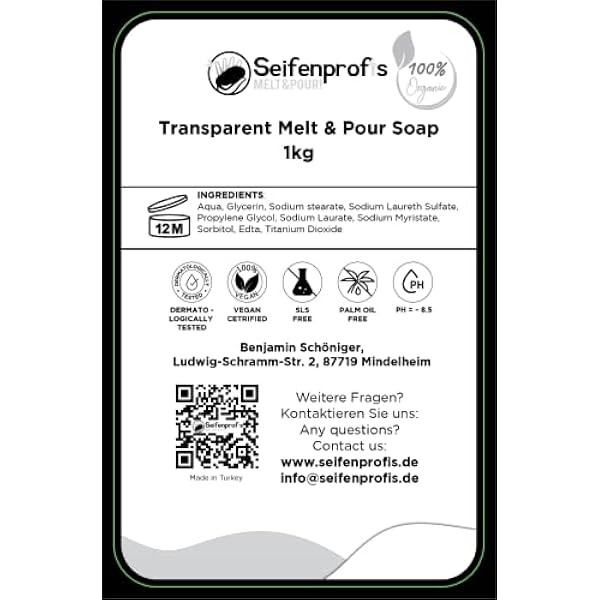 Seifenprofis - Глицериновое мыло, прозрачное, 1 кг (SLS+SCS free) - сырое мыло, мыльная основа, 100% веганское для заливки мыла