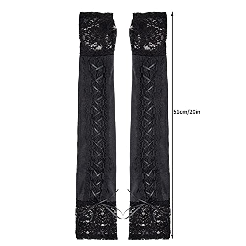 Sumersha Women Lace Up Gloves 1920S Long Elbow Fingerless Gloves Flower Patternribbon Gloves Arm Warmer For Wedding Bridal Dance Costume Party Black #TOP2
