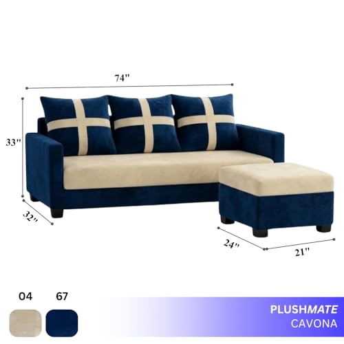 Image of Caviriq 4 Seater L Shape Sofa Set with Movable Ottoman | Flexible Left or Right Layout | Luxury Velvet Suede Fabric | Modern Living Room Sofa | Dark Blue-Cream