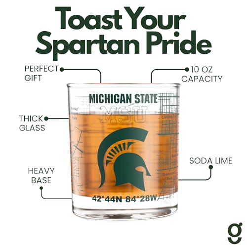 Image of Greenline Goods Michigan State University Spartans Whiskey Glasses Set of 2, 10 oz Rocks Glasses with Full-Color Logo & Campus Map - Officially Licensed Bourbon Glass Gift for Alumni & Fans