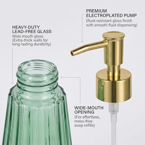Hutalecho Glass Soap Dispenser for Bathroom, Gold Pump, 11 fl oz, Green — view 6