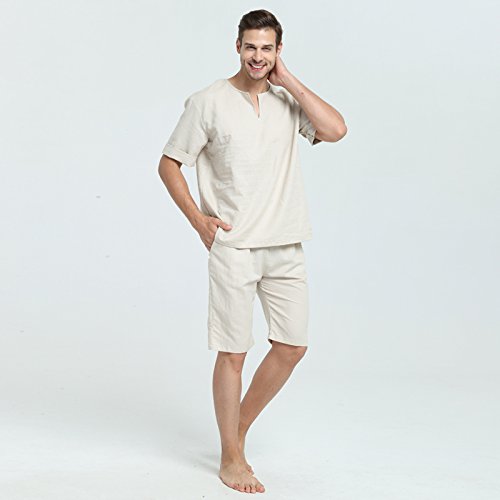 7 VEILS Mens Natural Linen Summer Pajama Set Casual Cotton V Neck Short Sleeve Sleepwear Pj Set3