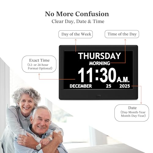 Image of 7'' Dementia Clock For Seniors, Large Display Digital Clock With Date, Time, Day Of Week for Elderly, Memory Loss, Alzheimer, 1024*600P HD, 10 Reminders & 6 Alarms, Auto Dimming & DST, Remote Control