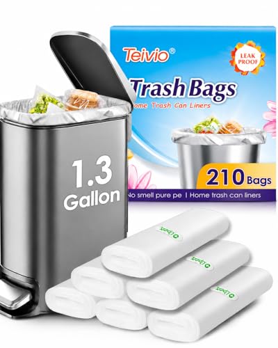 1.3 Gallon(Fit 1.2-1.3 Gal)210 Counts Strong Trash Bags Garbage Bags by Teivio Small Waste Basket Liners Fit 1 1.2 1.3 Gal Bathroom Trash Can Bin Liners Plastic Bags for home office kitchen Car Clear