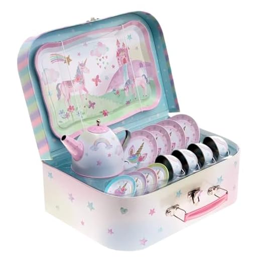 Jewelkeeper 15 Piece Kids Pretend Toy Tin Tea Set & Carrying Case - Party Unicorn Design