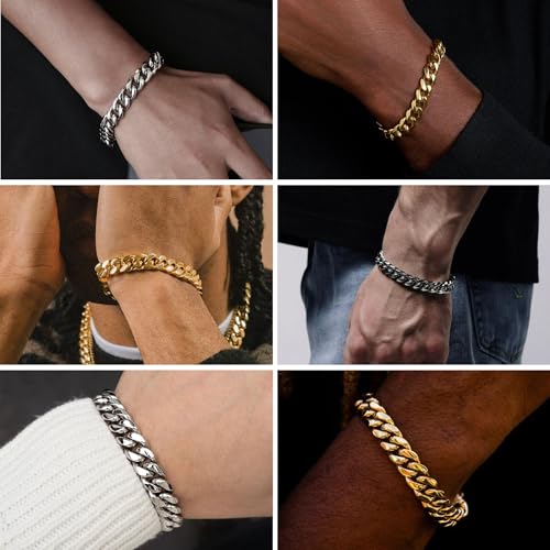 NOKMIT Stainless Steel Cuban Link Bracelet for Men & Women, 5mm/9mm/12mm Width, 7"/7.5"/8"/8.5" Length, Dainty 14K Gold Silver Chunky Curb Chain Bracelets Hip Hop Jewelry, Unisex Gifts2