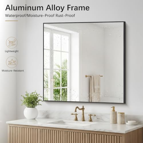 Image of DESBING 36 inch x 36 inch Bathroom Mirror, Black Metal Frame Wall Mirror | HD Image,Shatterproof Decorative Square Vanity Mirror for Bedroom Bathroom Living Room Entryway Horizontal or Vertical