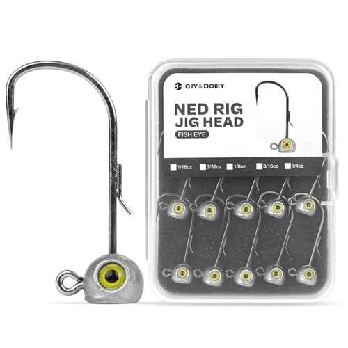 15-Pack Fish Eye Ned Rig Jig Heads with Welded Wire Bait Keeper – 1/16 3/32 1/8 3/16 1/4oz with 2/0 3/0 Hooks, Chartreuse Eyes, Secure Finesse TRD Hookup for Bass Fishing