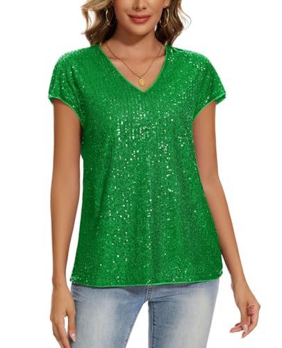 Image of MINTLIMIT Women's Sparkle Sequin Tops Short Sleeve V-Neck Glitter Sequined Dressy Blouse (Bright Green XL)
