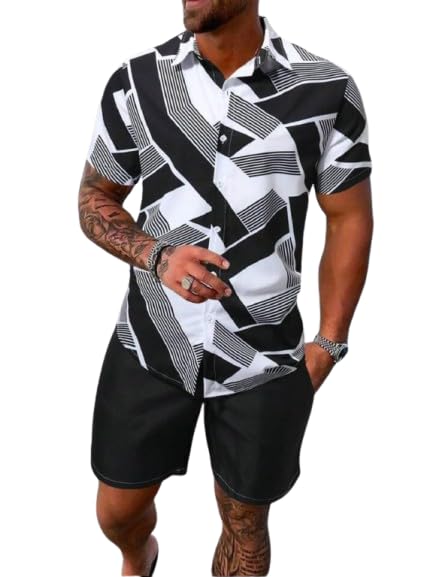 Men’s Printed Co-Ord Set | Plus Size Casual Shirt & Shorts Set | Nightwear Pajama Suit, Loungewear, Beachwear & Vacation Outfit Design No ME_NS Sky 01 Black-image-44