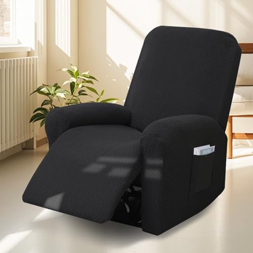 Bocguy Stretch Recliner Chair Cover, 4-Pieces Recliner Armchair Covers for Living Room Reclining Chair Slipcover with Side Pocket, High Spandex Slipcover/Lounge Cover, Slip Resistant