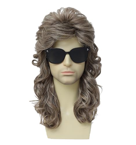 Image of Men's Long Curly Mullet Wig, 80s Retro Rock Synthetic Wig, Fluffy Curly Wig for Halloween, Cosplay, 80s Theme Party and Country Western Costume (Light Brown)