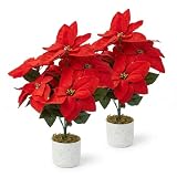 2 Pack Red Christmas Poinsettia Flowers in Pots, 18.9' Artificial Poinsettia Plants with Realistic Layered Petals, Speckled Pot and Moss Base for Holiday Indoor Decor, Table Centerpiece, Porch