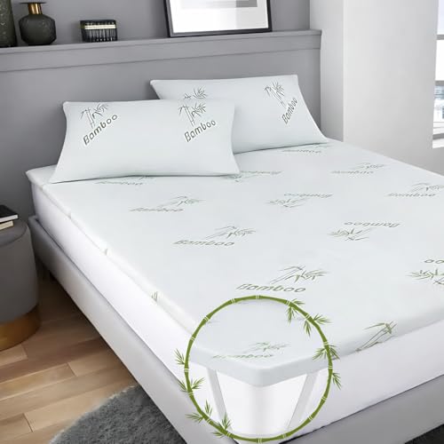 4AS Cubrecolchón de espuma viscoelástica de bambú para cama individual, hipoalergénico y transpirable, 2,5 cm de grosor, espuma viscoelástica de gel 40D con funda lavable a máquina con cremallera (90