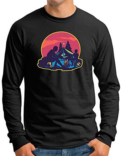 T-shirt camping homme avec motif tente et feu de camp noir