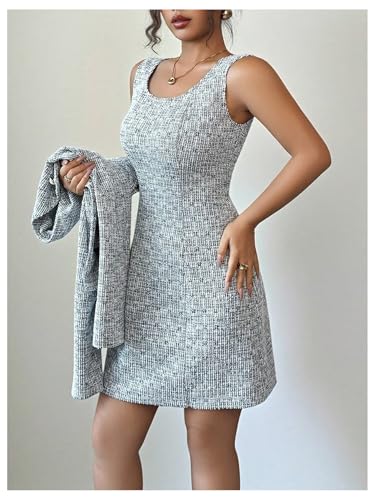 Image of SOLY HUX Women's 2 Piece Outfits Plaid Long Sleeve Button Down Cropped Jacket and Sleeveless Mini Dress Sets