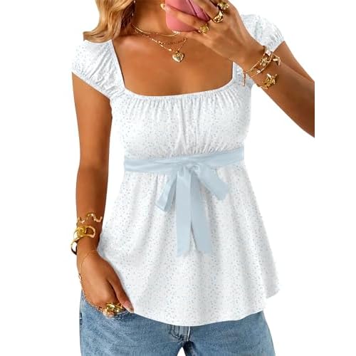 Rapbin Babydoll Tops for Women Short Sleeve Square Neck Cute Y2k Peplum top