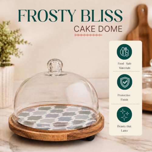 Image of Frosty Bliss Acacia Wood Cake Stand glass Dome | Glass Dome Lid Cake Plate | Multipurpose Serving Stand for Wedding Birthday Parties | Dessert Pastry Display