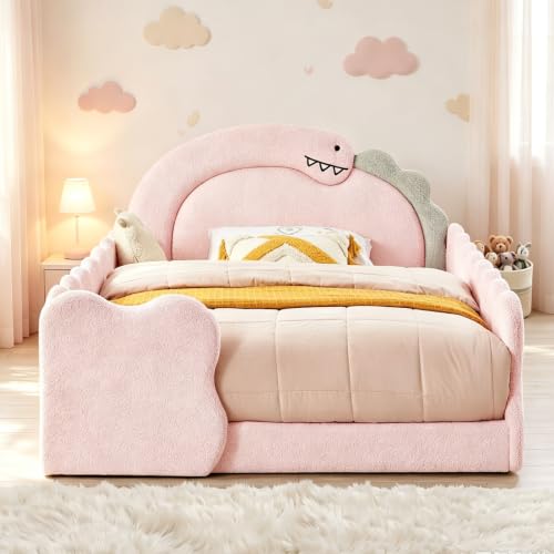 Image of Full Bed Frame for Kids, Floor Platform Bed Dinosaur, Pink