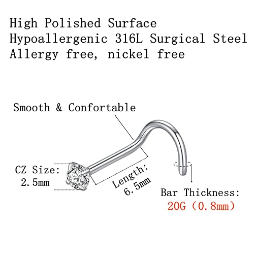Blessmylove 6Pcs 20G 2.5Mm Clear Cz 316L Surgical Steel Silver Screw Nose Rings Studs Nose Nostrial Piercing Body Jewerly Screw Nose Rings For Women 20 Gauge 2.5Mm Cubic Zirconia Stainless Steel Nose Rings thumb #1