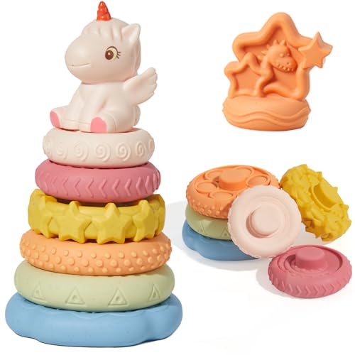 Image of BUTI4WLD 8 Piece Stacking & Nesting Baby Toys, No Hole Stacks of Circles Soft Teething Toy and Building Circle with Pink Horse Figure, Newborn Essentials for 6 12 18 Months Boys Girls