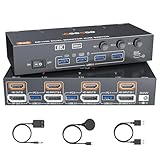 HDMI Displayport USB3.0 KVM切替器 8K@60Hz 4K@144Hz デュアルモニタ 4つのUSBポートKVM切替器 1組のキーボード、マウスで、PC3台、モニター2台共有 手元スイッチ&USBケーブル付