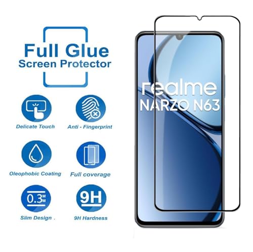 Image of SENBUN Tempered Glass Screen Protector Compatible for Realme Narzo N53, Narzo C53, N63 with Edge to Edge Coverage and Easy Installation Kit, Pack of 1, Black