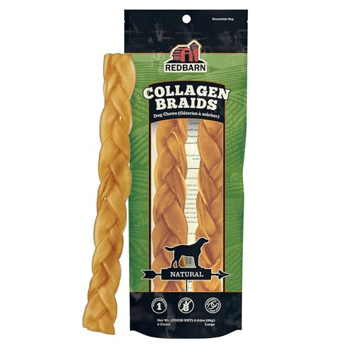 Redbarn Natural Large 12 Beef Collagen Braids - 2 Pack - Long Lasting Low-Odor Alternative to Rawhide & Bully Sticks -Single Ingredient Chew for Medium Large Dogs