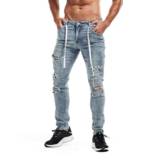 XYGJZ Men's Distressed Denim Pants Ripped Light Blue Jeans Slim Fit3
