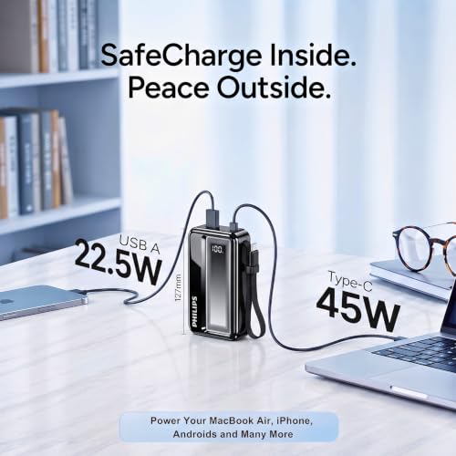 Image of Philips DLP2721NB /94 20000mAh 45W Fast Charging Power Bank with Built-in Type-C Cable (Dark Slate) | Digital LED Display | Lithium Polymer | 2 Type-C & USB-A | Pocket Size | Compact & Travel-Friendly