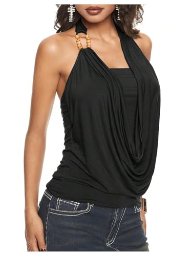Floerns Women's Going Out Tops for Women Draped Front Halter Tops Beaded Backless Sleeveless Y2k Tank Tops2