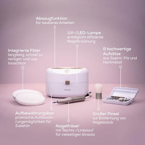 Beurer MP 200 StudioNails Pro Maniküre-/ Pediküre-Profistation 3-in-1, elektrischer Nagelfräser mit UV-/LED-Lampe & Staubabsauger, geeignet für Gel - und Acrylnägel, 26 000 U/min, 9 Aufsätze