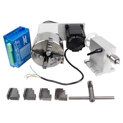 Image of RATTMMOTOR K12-130mm CNC Router Table Rotary Milling Machine Rotational Axis A 4th Axis, 4 Jaw Chuck Dividing Head, 4.5N.m Closed Loop Servo Motor+2HSS86 Driver+100mm Tailstock