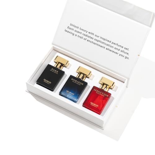 Arabian Aroma Luxury Unisex Perfume Gift Set | Exotic Long Lasting Perfume for Men & Women | Eau De Parfum | Perfume Set for Couple Gift Pack | Seduction, Horizon & Dark (30ml)